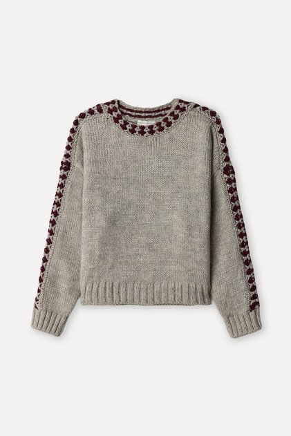 Women's Beige Jacquard Oversize Crew Neck Sweater
