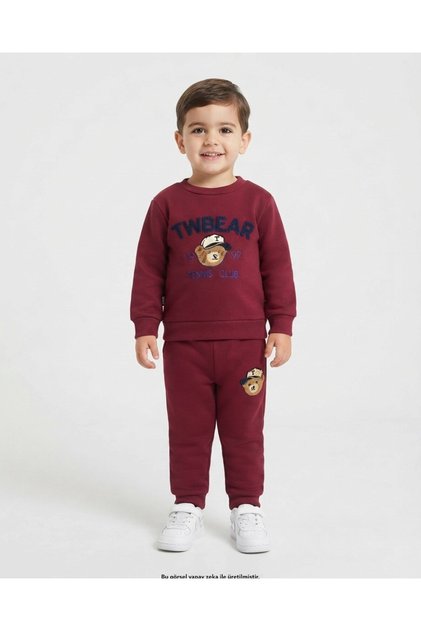 Boy's Winter 3-Yarn Thick Tracksuit Set with Fleece Inside and Teddy Bear Embroidery for Ages 2-3-4-5-6
