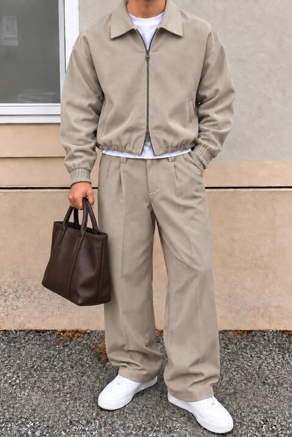 Men's Oversize Double Zipper Jacket and Baggy Pants Bottom Top Set