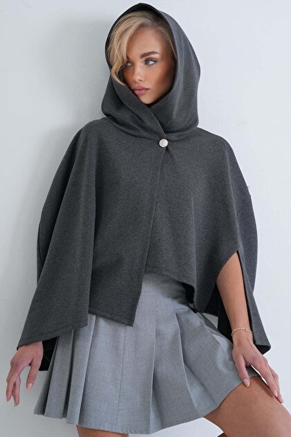 Women's anthracite hooded buttoned unlined cape alc-x15927