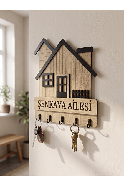 Kişiye Özel İsimli Ev Anahtar Askılığı - Aile İsimli Ahşap Duvar Anahtarlığı 5 Askılı (23x27.5 cm)