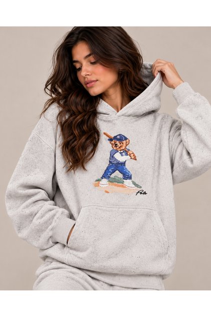 Women's Hoodie with Baseball Bear Graphic and Glittery Detailing Around the Hood Knitted Cotton– Black and Off-White