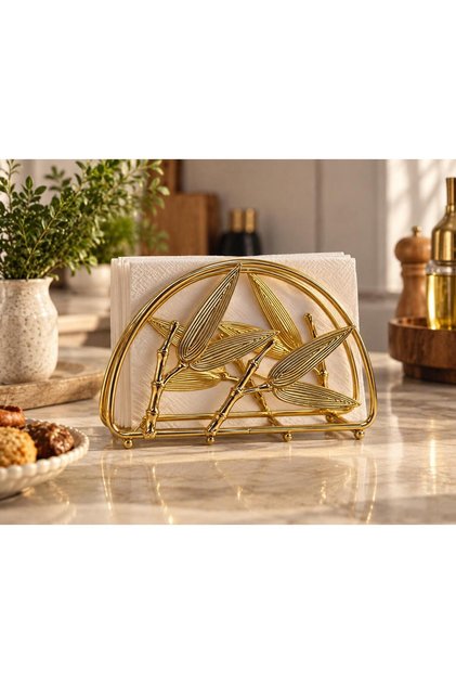 Gold Metal Yaprak Model Tasarım Peçetelik Dekoratif Modern Lüks Masa Üstü Peçetelik