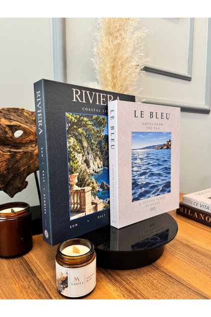 Riviera & Le Bleu 2-Piece Decorative Book Box Set – Mediterranean Themed Linen-Look Coffee Table Book