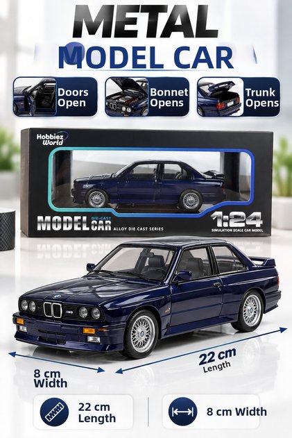 Bmw E30 M3 1:24 Metal Model Toy Car 22 cm Openable Door Hood Trunk Navy Blue