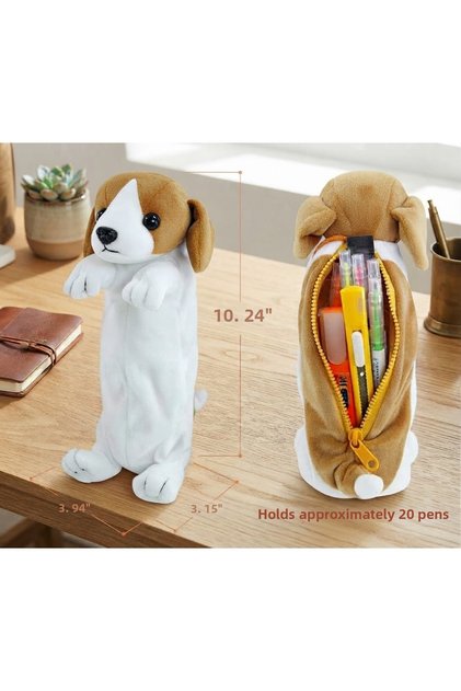 Cute Beagle Dog Plush Pen Holder and Desktop Paper Clip Holder - Soft Textured Zippered Pencil Case Makeup Bag