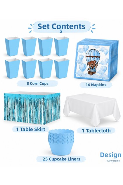 Blue Teddy Bear Party Table Decoration Set Corn Box Napkin Table Skirt and Cupcake Wrapper 51 Pieces
