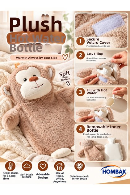 Little Monkey Plush Hot Water Bag Beige Color Soft Cover Heating Bag