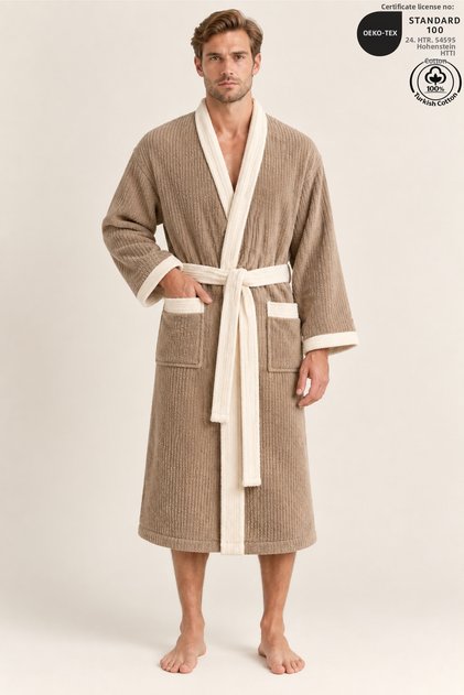 Men's Kimono Bathrobe Set 100% Cotton Certified 2-Piece Striped Contrast Men's Bathrobe Set - Beige