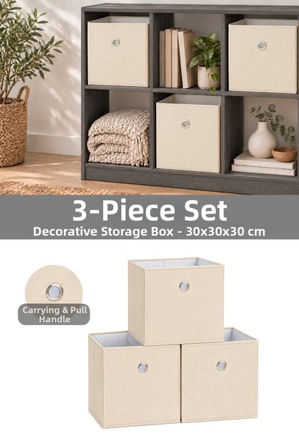3-Piece In-Cabinet Organizer - Toy and Clothing Storage Shelf Organizer Basket 30X30X30 cm Beige