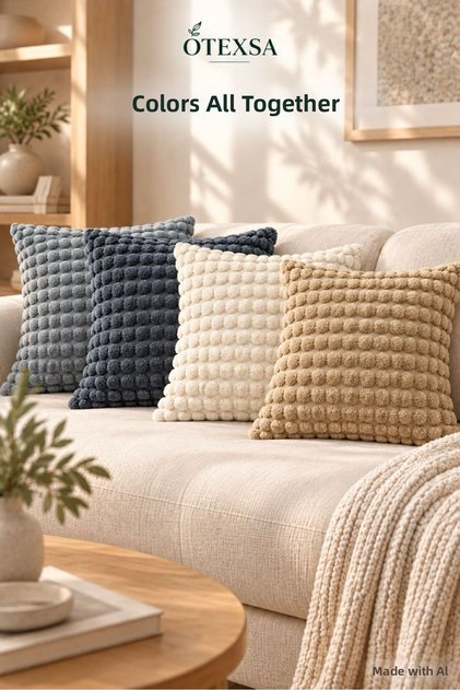 Set of 4 Throw Pillow Covers, Gray Anthracite Cream Beige, Embossed Texture, Hidden Zipper