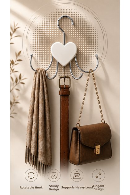 Heart-Shaped Multi-Purpose Hanger with 5 Hooks, Rotating Metal Hanger