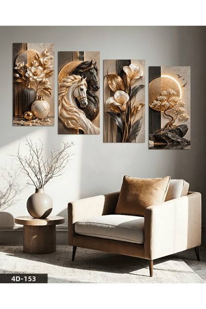 Gold Detailed Horses, Lily and Landscape 4-Piece Mdf Painting