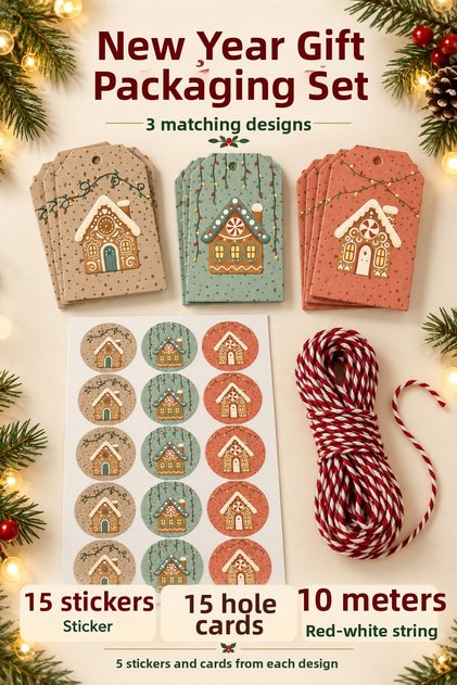 New Year's Gift Packaging Set Home Patterned 15 Stickers 15 Hole Cards 10 Meters Red and White String