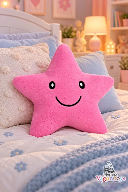 Cute Smiling Star Plush Pillow Sleeping Companion with Pink and Baby Blue Color Options 35X35 cm