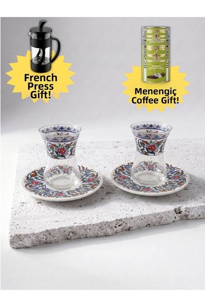 Tile Patterned Turkish Tea Cup Set for 2 People - Thin-Walled Tea Set with Saucers + French Press and Pomegranate Tea Gift