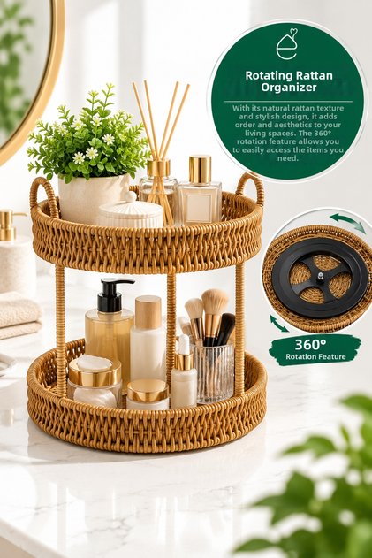 360 ° Rotating 2-Tier Rattan Organizer – Wicker Look Makeup Cosmetic Bathroom Organizer Multi-Purpose Basket