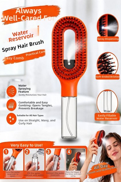 Spray Hairbrush with Water Reservoir, Oval Head with Rounded Teeth, Transparent Reservoir
