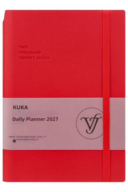 Kuka 2027 Daily Agenda A5. Flexible Cover. Elastic Band, Pockets, Pen Compartment. Colorful Edge-Red
