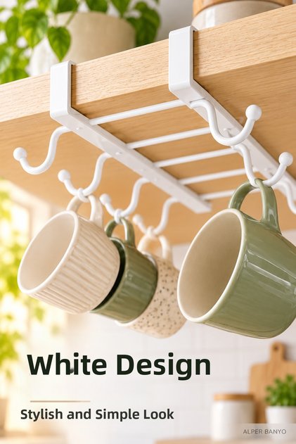 White Metal 10-Hook Plastic Cup Holder with Hooks, Cup Hanger with Hooks for Inside the Cabinet