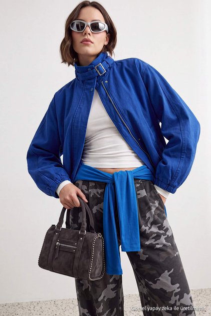 Lacivert Oversize Kalıp Dik Yaka Ceket Mont TWOAW27MO00091