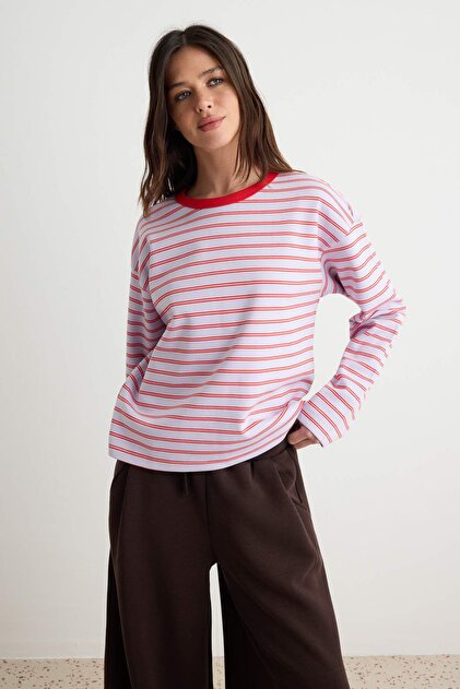 Lila Çizgili Premium Overisize/Geniş Kesim Bisiklet Yaka İnterlok Örme T-Shirt TWOAW27TS00027
