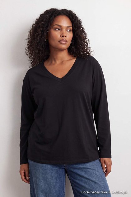 Black 100% Thick Cotton Basic V-Neck Oversize/Wide Fit Knitted T-Shirt Tbbaw27Bf00007
