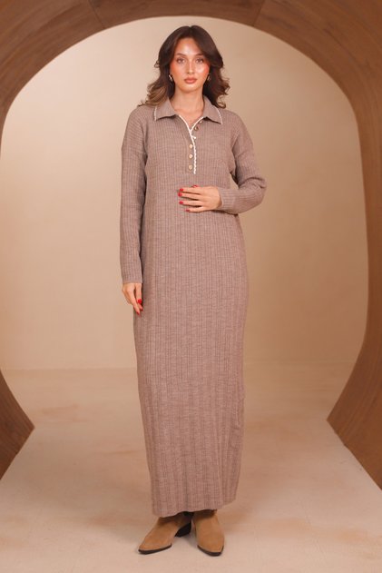 Women's Polo Collar Button Detailed Ribbed Long Knitwear Dress 8515