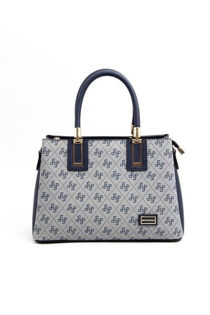 Gray - Navy Blue Monogram Women's Handbag Sp1000