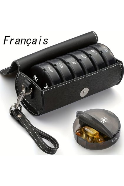 black (French printing)Weekly Pill Organizer 2 Times a Day 7 Day Pill Box with PU Leather Case Porta