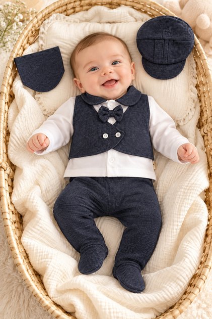 Waffle Tuxedo with Bow Tie and Vest Newborn Baby Boy 5 Piece Hospital Discharge Bodysuit Set