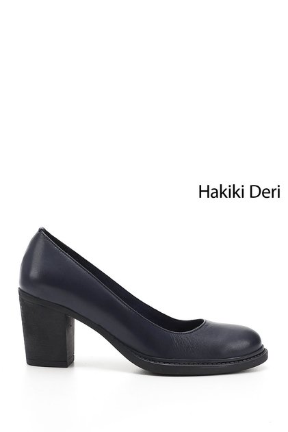 Kadın Lacivert Antik Orta Kalın Topuklu Hakiki Deri Ayakkabı