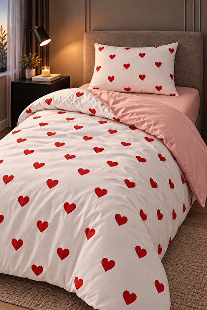 Single Fitted Sheet Duvet Cover Set with Cotton Red Heart Design
