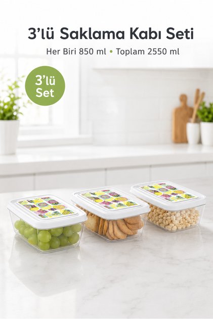 Set of 3 850 ml Rectangular Storage Containers, Fruit Patterned Transparent Stackable Food Container