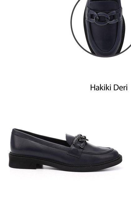 Kadın Lacivert Antik Tokalı Hakiki Deri Loafer Ayakkabı