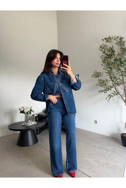 Blue collar stone palazzo denim set