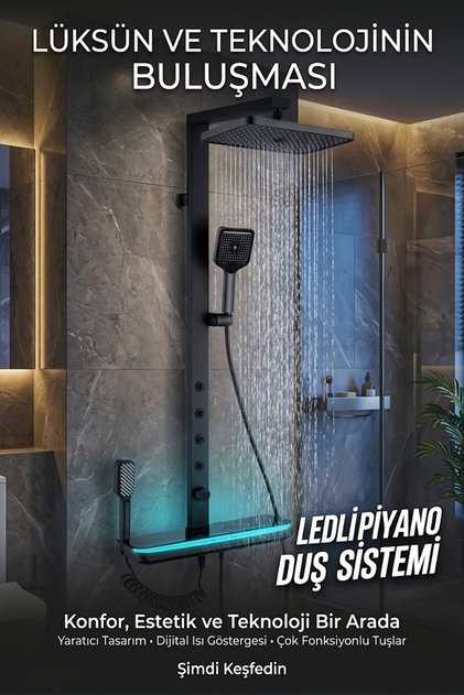 LÜX DİJİTAL GÖSTERGELİ VE LEDLİ 5 FONKSİYONLU PİYANO DUŞ SETİ PASLANMAZ ANTRASİT