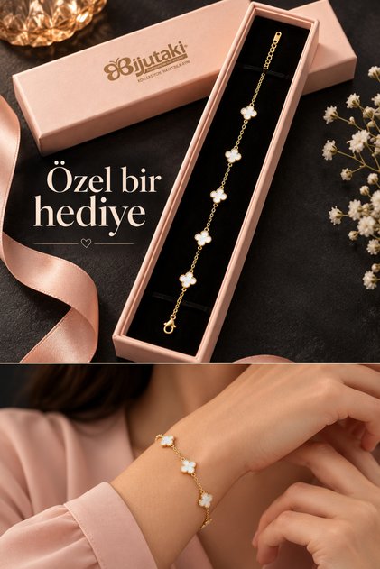 Kadın Beyaz Yonca Bileklik Gold Renk İnce Zincirli 5 Yoncalı Ayarlanabilir Zarif Minimal Takı Günlük ve Özel Günler İçin Hediye Kutulu Kadın Takı Bileklik Hediye Bileklik Erkek Bileklik Çocuk Bileklik