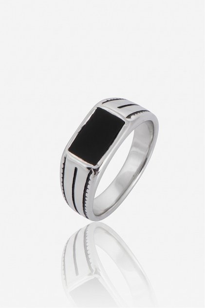 Striped Black Marcasite Stone 316L Steel Men's Ring