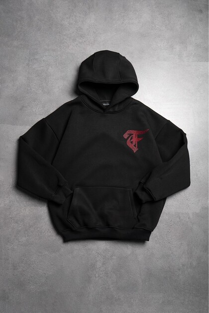 Rhinestones Red Stone Web Black Men's Oversize Hoodie