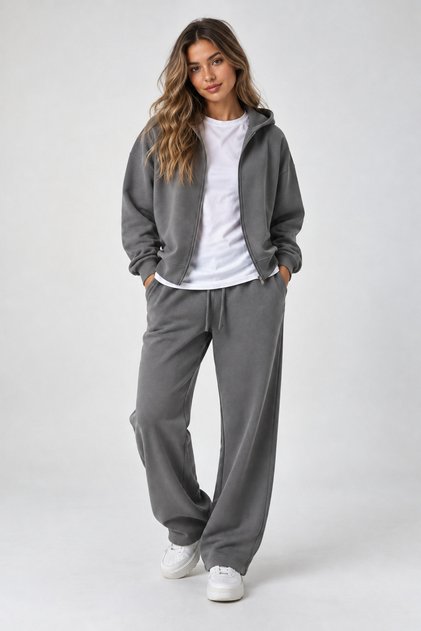 Smoke Gray Baggy Tracksuit Set Hooded Cardigan Unisex Winter 3 Thread 100% Cotton