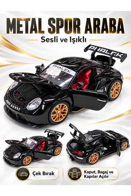 Oyuncak Araba Porsche 1:24 Ölçek Sesli Işıklı Açılabilir Kapılı Spor Araba Çek Bırak Büyük