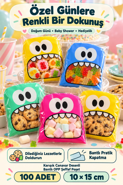 100lü Karışık Canavar Desenli Bantlı Kurabiye Şeker Parti Baby Shower Doğum Hediyelik OPP Şeffaf Poşet, 10x15 cm