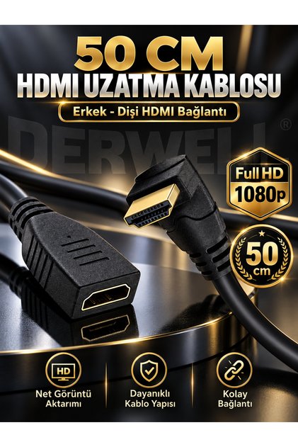 50 Cm Hdmi Uzatma Kablosu 90 Derece Açı Erkek Dişi Adaptör TVler Dizüstü Bilgisayarlar için L Tipi
