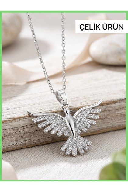 Women's Stone Detailed Silver Phoenix Steel Necklace