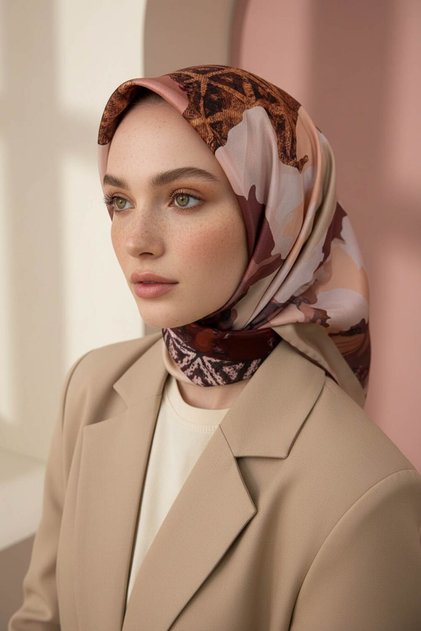 Kristal Batikli Ve Etnik Desenli Bakır Renkli 90x90 Eşarp (İpek İçermez) Kenar Dikiş Şekli El Dikişl