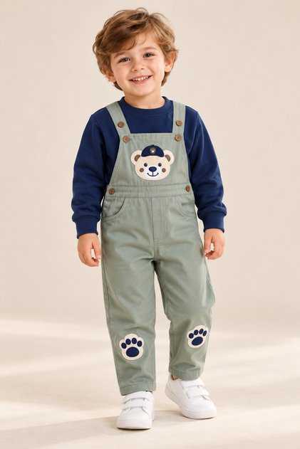 Boy's Teddy Bear Embroidered Gabardine Salopet Set – 2-Piece Set with Long Sleeve Sweatshirt
