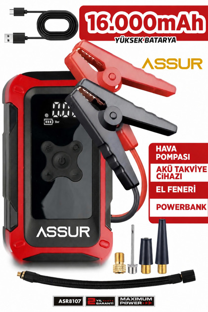 4'ü 1 Arada Led ışık | Powerbank | Akü Takviye Cihazı | Şarjlı Lastik Şişirme | Hava Kompresörü