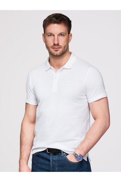 Tricou polo BASIC pentru bărbați, din tricot pique, culoare uni, alb OM-POBS-0100