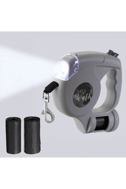 Lesă automată pentru câini, cu lanternă 32 lumeni și 60 de săculeți, bandă 5 m, până la 25 kg